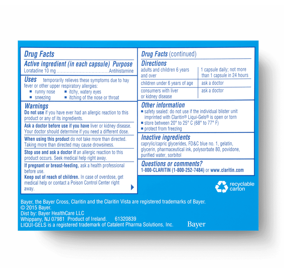 Reverse view of Claritin liqui-gel 24 hour capsules packaging