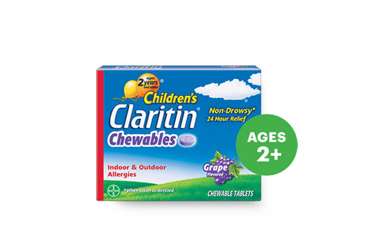 Package of children’s Claritin grape-flavored chewables 24 hour for ages 2 years and older